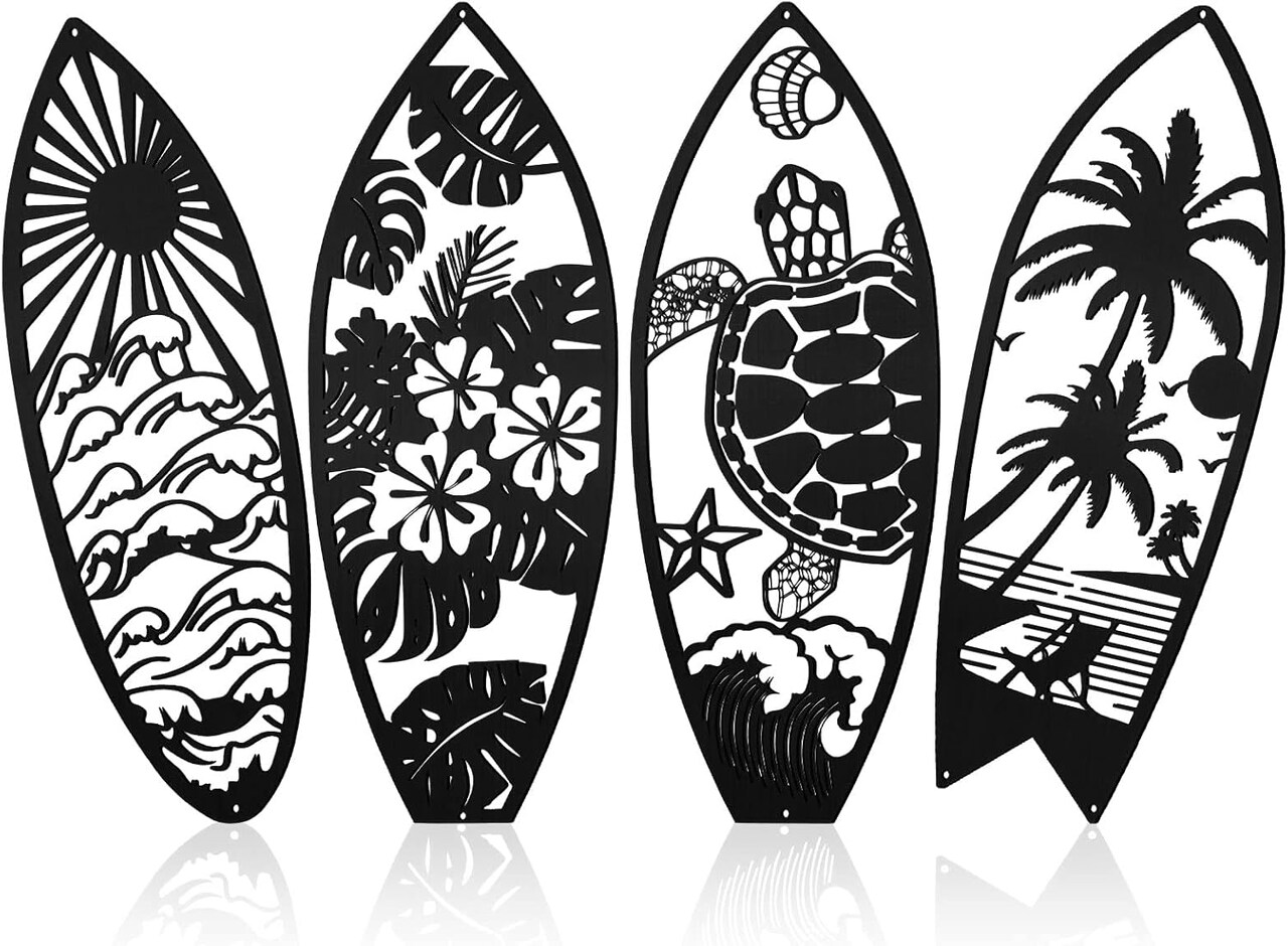 4 Pcs Metal Surf Board Wall Decor Summer Tropical Metal Surfboard Beach Signs Tropical Palm Tree Art Turtle Decoration Summer Wall Decor for Door(Black)